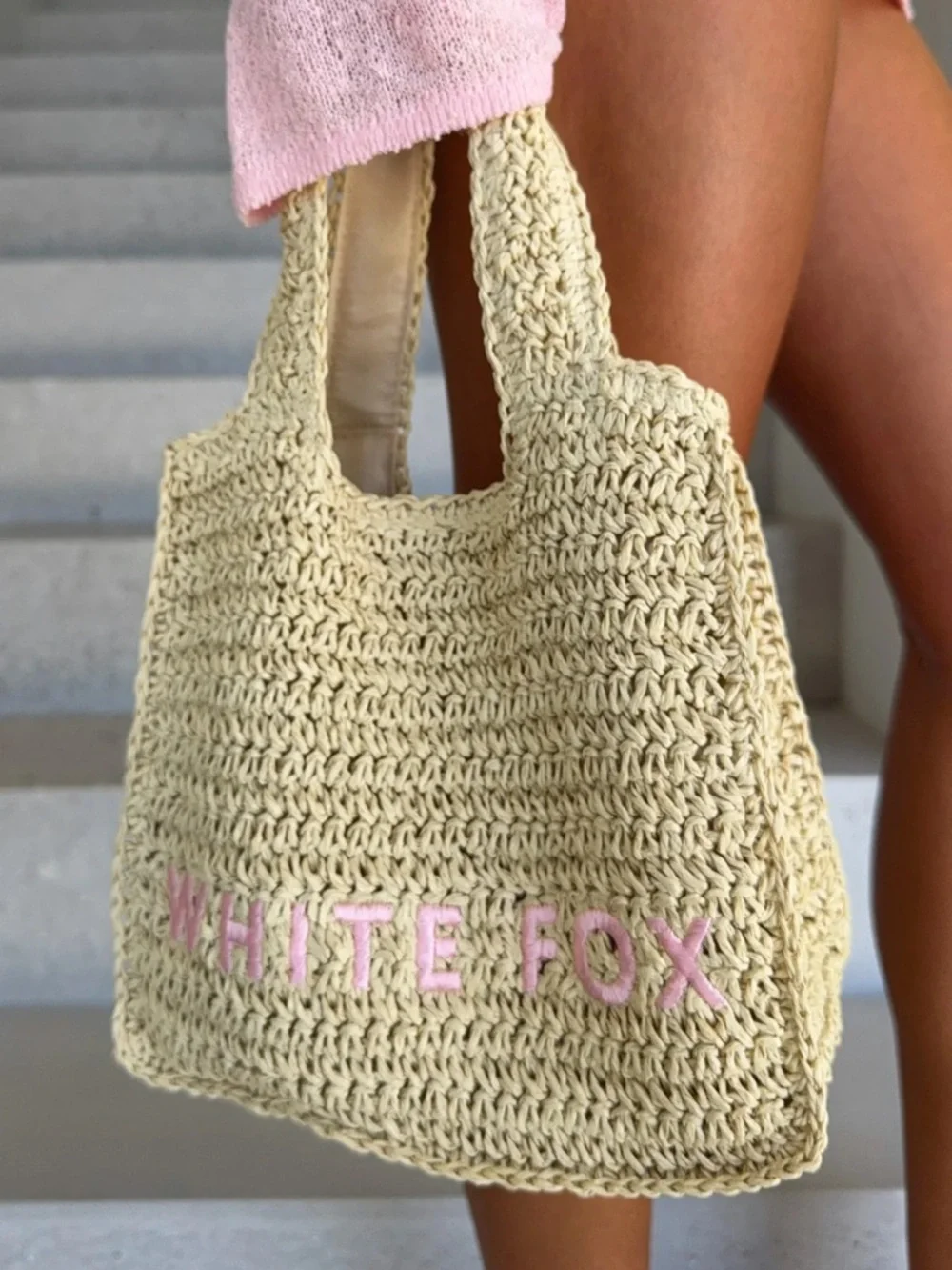 White Fox Boutique Beige Crochet Tote with Pink Logo - Picture 2 of 3